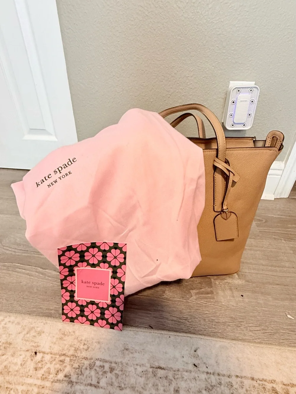 kate spade tan leather tote with pink dust bag and floral card